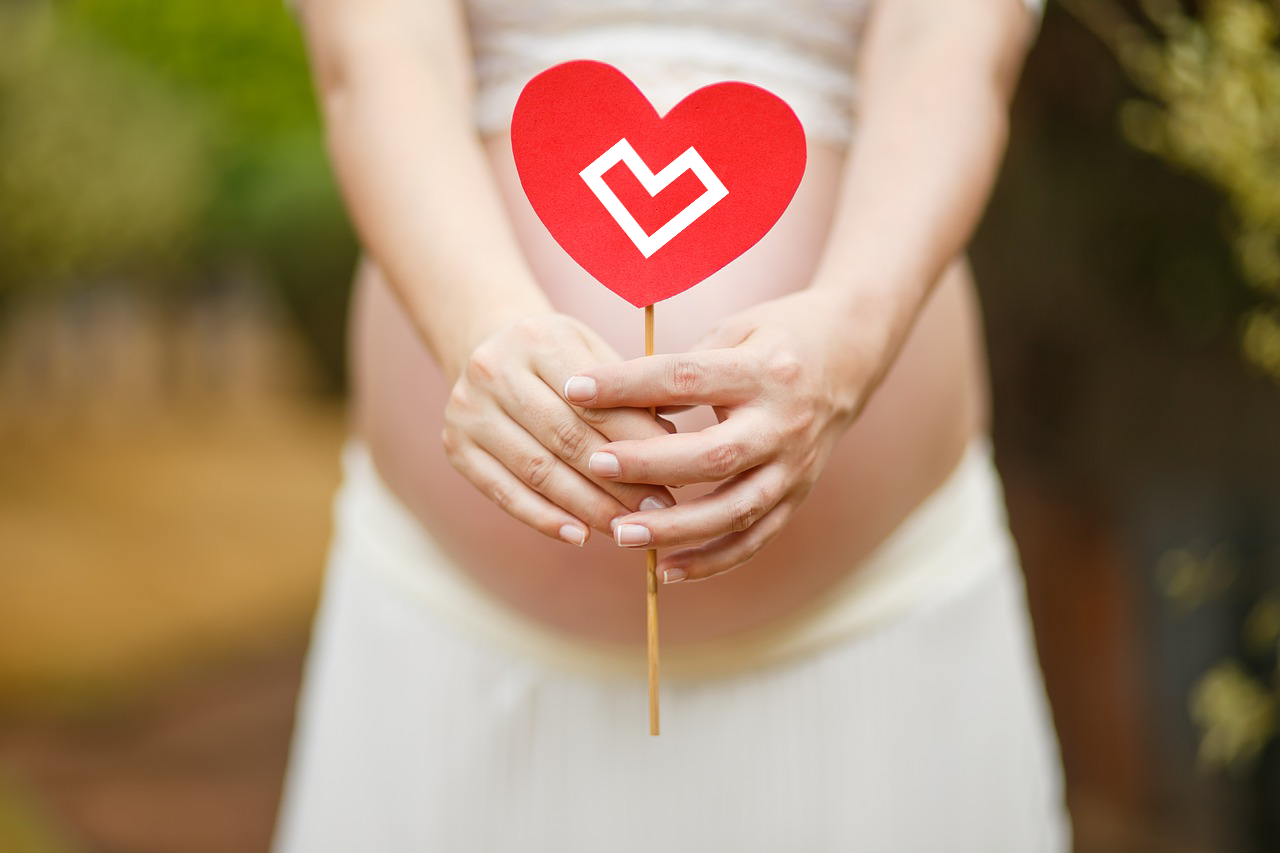 Pregnant woman holding a paper heart with the Ladder logo